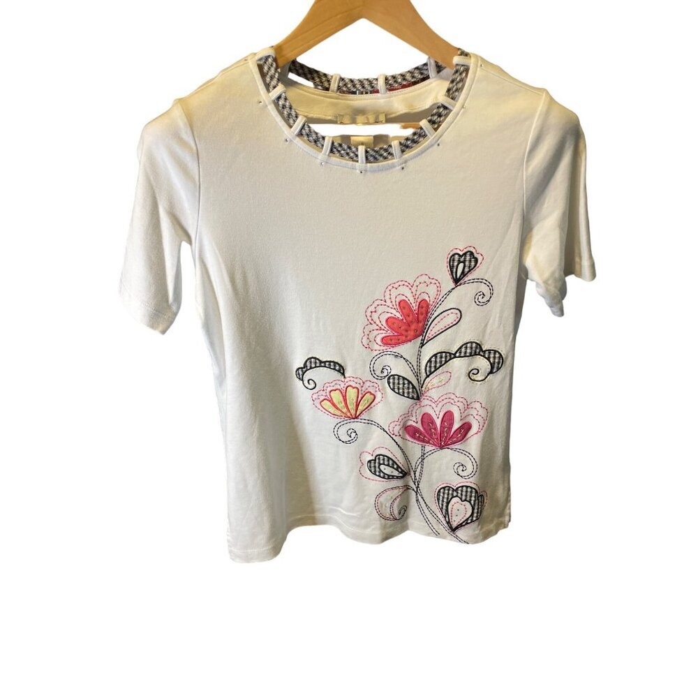 Drapers & Damons White Short Sleeve Lattice Round Neck Embroidered Top SZ S